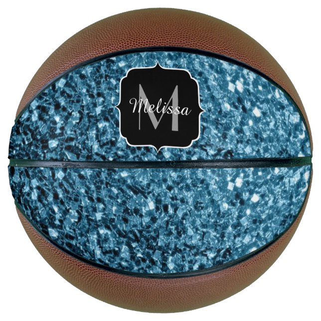 Light baby blue faux glitter sparkle Monogram name Basketball (Front)