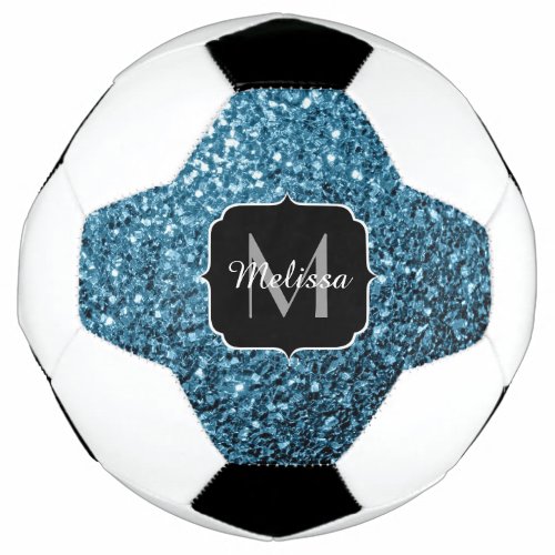 Light baby blue faux glitter sparkle Monogram name Soccer Ball