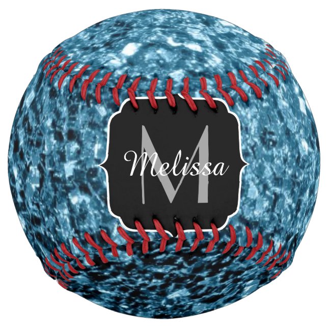 Light baby blue faux glitter sparkle Monogram name Softball (Front)