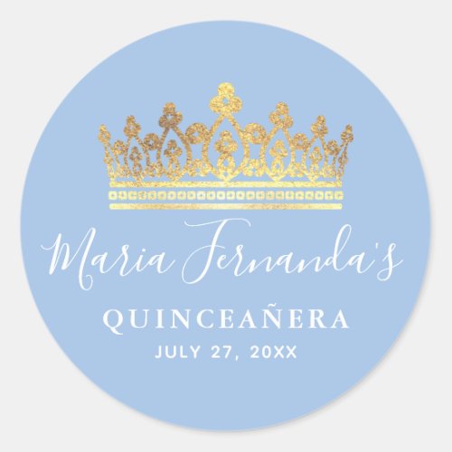 Light Baby Blue Gold Elegant Crown Quinceanera Classic Round Sticker