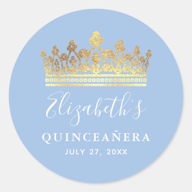 Light Baby Blue Gold Elegant Crown Quinceanera Classic Round Sticker (Front)