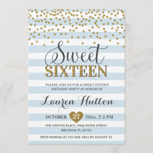 Light Baby Blue Gold Sweet Sixteen Party Birthday Invitation