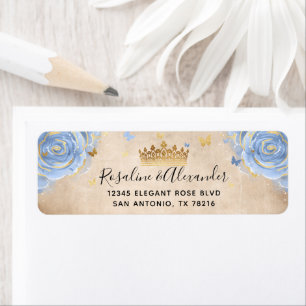 Light Baby Blue Roses Gold Crown Return Address Label