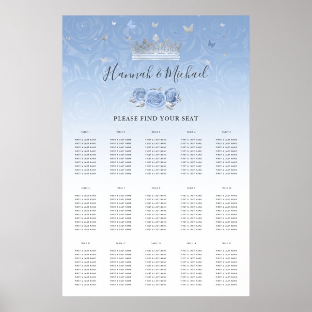Light Baby Blue Silver Crown Floral Seating Charts (Front)