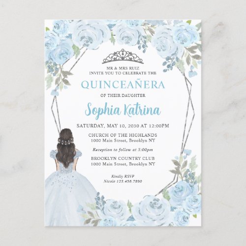 Light Baby Blue Silver Floral Princess Quinceaera Postcard