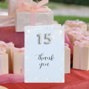 Light baby blue silver glitter photo Quinceanera Letterpress Thank You Card