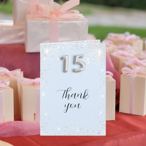 Light baby blue silver glitter photo Quinceanera Thank You Card