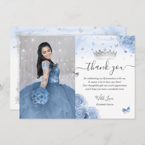 Light Baby Blue Silver Quinceaera Photo Birthday Thank You Card