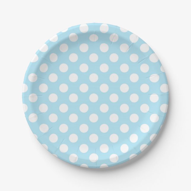 Light Baby Blue & White Polka Dots Birthday Party Paper Plates (Front)