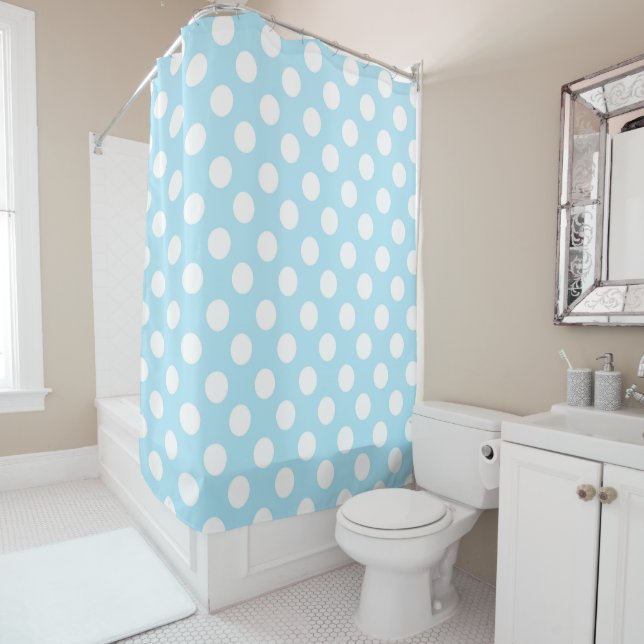 Light Baby Blue & White Polka Dots Shower Curtain (In Situ)