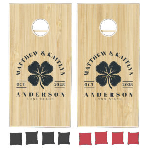 Light Bamboo Irish Lucky Clover Wedding Crest Cornhole Set