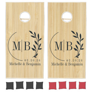 Light Bamboo Leaf Wedding Monogram Cornhole Set