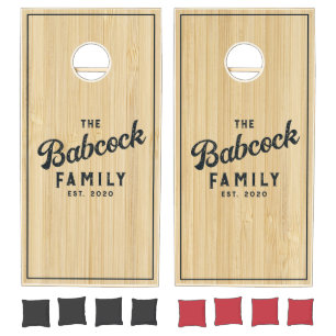 Light Bamboo Retro Family Name & Year Cornhole Set