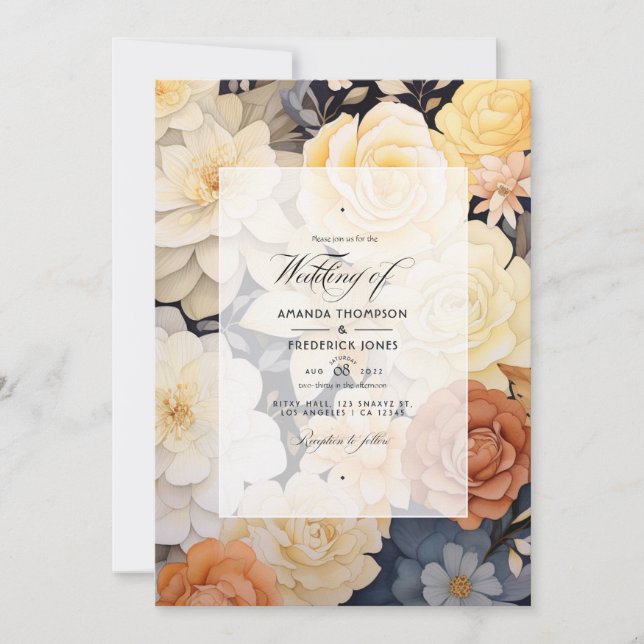 Light Beige and Champagne Floral Wedding Invitation (Front)