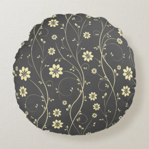 Light Beige And Gray Delicate Flowers Round Pillow