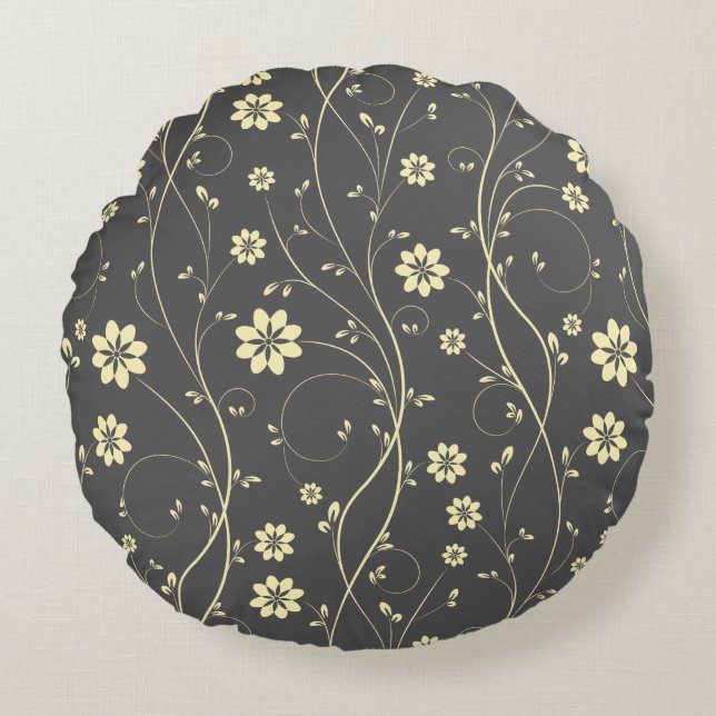 Light Beige And Gray Delicate Flowers Round Pillow (Front)
