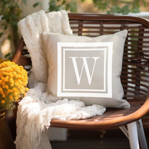 Light Beige and White Classic Square Monogram Outdoor Pillow
