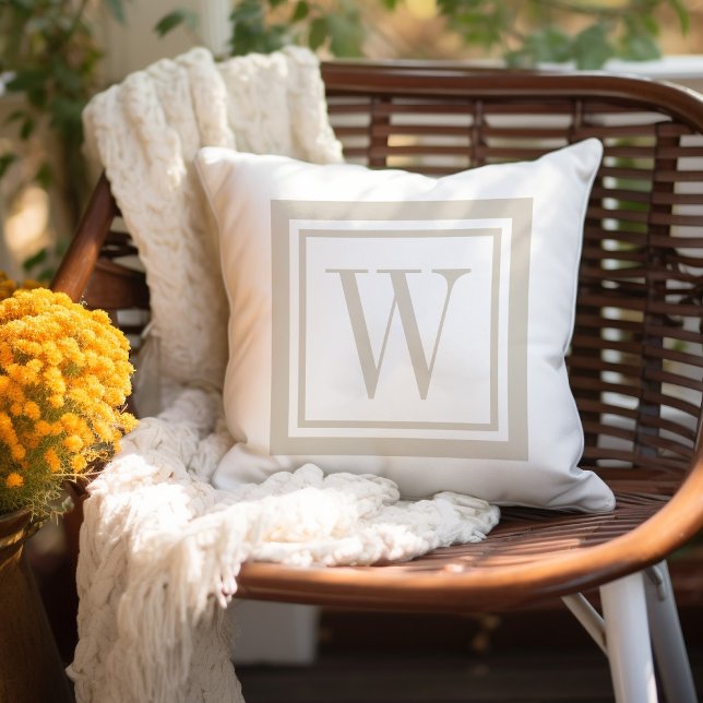 Light Beige and White Classic Square Monogram Outdoor Pillow (Creator Uploaded)