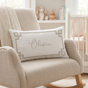 Light Beige and White Custom Name Monogram Lumbar Pillow