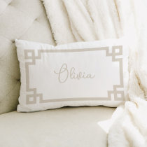 Light Beige and White Custom Name Monogram Lumbar Pillow