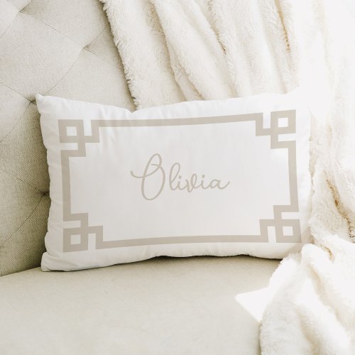 Light Beige and White Custom Name Monogram Lumbar Pillow