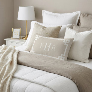 Light Beige and White Greek Key   Monogrammed Lumbar Pillow