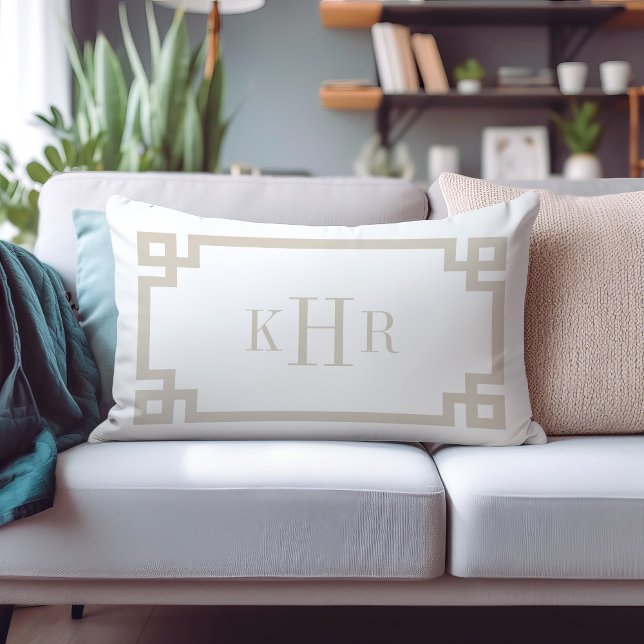 Light Beige and White Greek Key | Monogrammed Lumbar Pillow (Creator Uploaded)