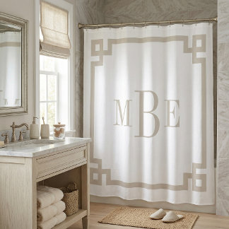 Light Beige and White Greek Key | Monogrammed Shower Curtain