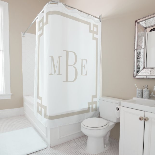Light Beige and White Greek Key | Monogrammed Shower Curtain (In Situ)