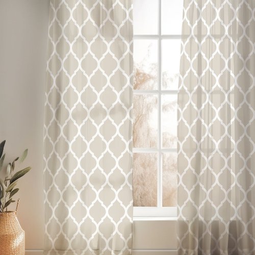 Light Beige and White Moroccan Pattern Sheer Curtains