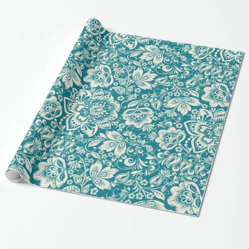 Light Beige Damasks  Turquoise Blue Background Wrapping Paper