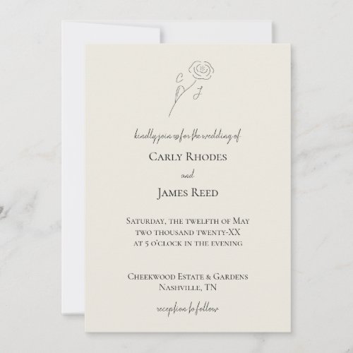 Light Beige Flower Line Art Monogram Wedding Invitation