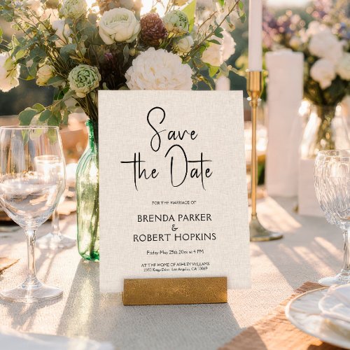 Light Beige Linen Black Script Save The Date Invitation
