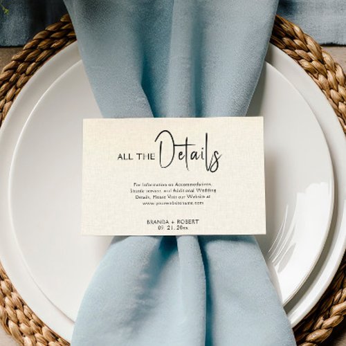 Light beige Linen Black Script Wedding Details Invitation