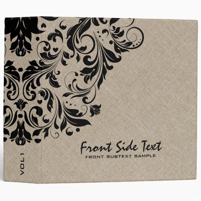 Light Beige Linen Burlap Black Floral Lace Binder (Front/Spine)