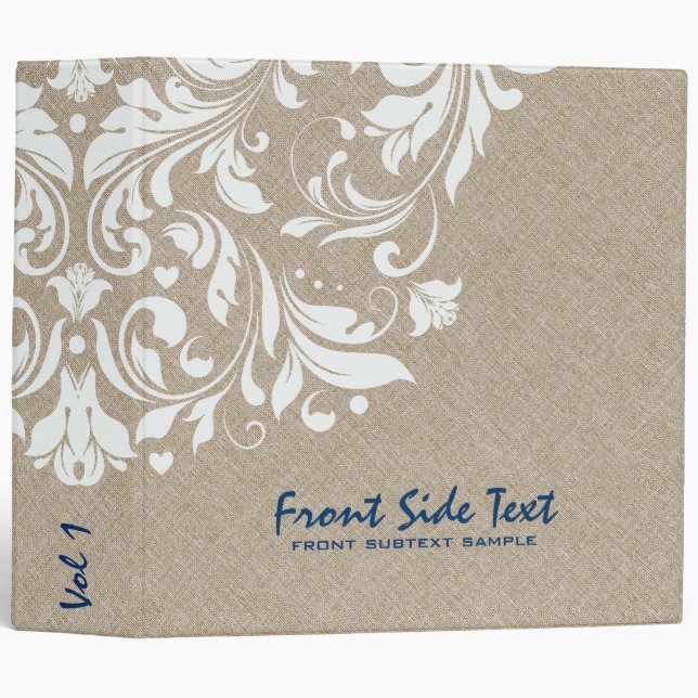 Light Beige Linen Burlap White Floral Lace 3 Ring Binder (Front/Spine)