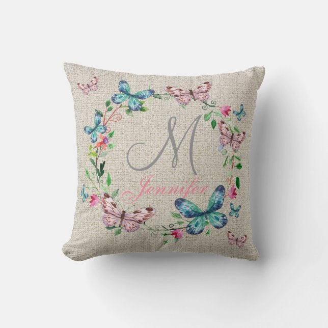 Light BEIGE Linen FLOWER AND BUTTERFLY Monogram Throw Pillow (Front)