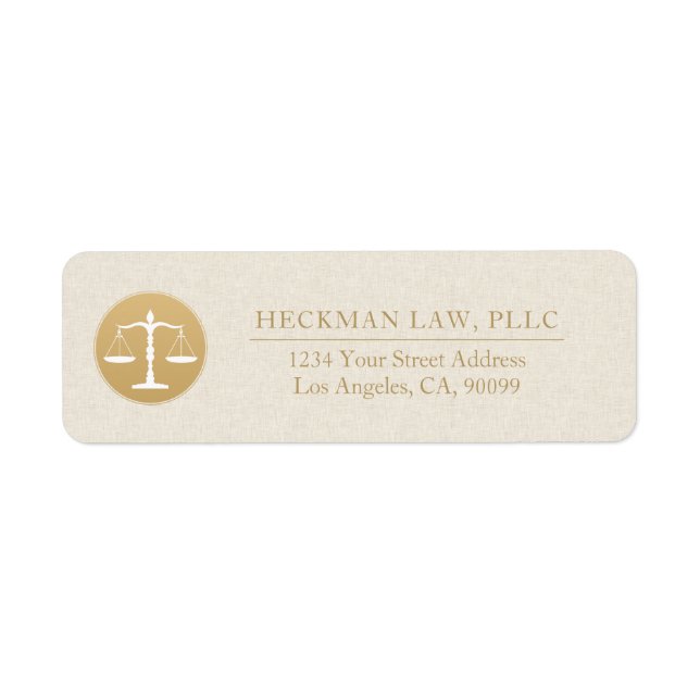 Light Beige Linen Gold Justice Logo Business Card Label (Front)
