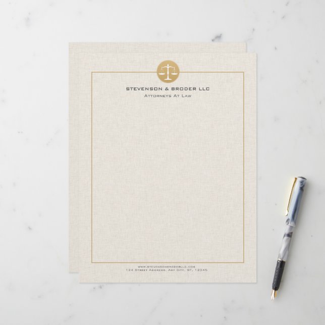 Light Beige Linen & Gold Law Practice Scale Letterhead (Front/Back In Situ)