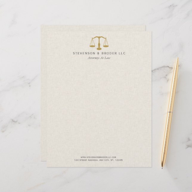 Light Beige Linen & Gold Law Practice Scale Letterhead (Front/Back In Situ)