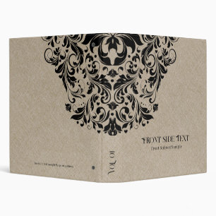 Light Beige Linen Texture Black Floral Ornament 3 Ring Binder