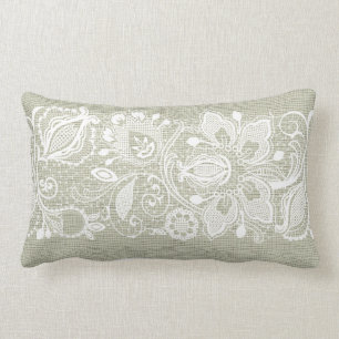 Light Beige Linen & Vintage White Lace Lumbar Pillow