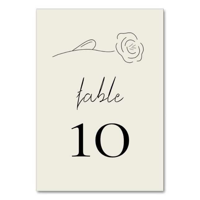 Light Beige Minimalist Flower Line Art Wedding Table Number (Front)