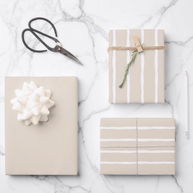 Light Beige Solid & Stripes Wrapping Paper Set Mix (Front)