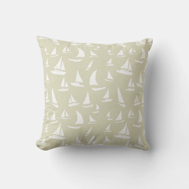 Light Beige with White Sailboats Nautical Sailing Throw Pillow (Front)