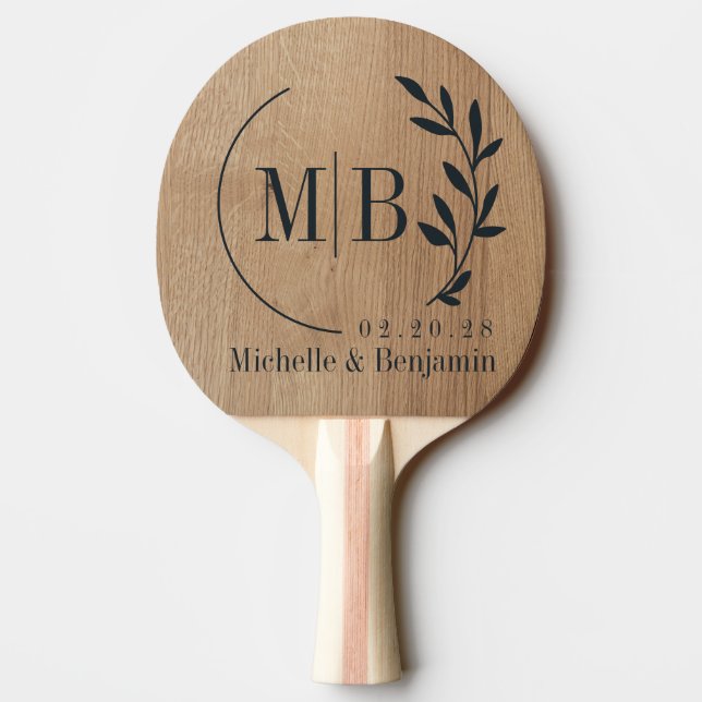 Light Birch Wood Leaf Wedding Monogram Ping Pong Paddle (Back)