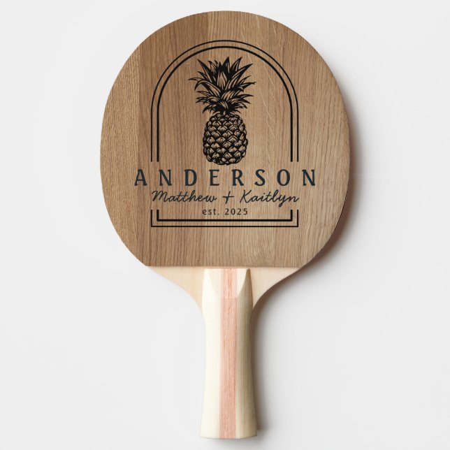 Light Birch Wood Pineapple Wedding Arch & Name Ping Pong Paddle (Front)
