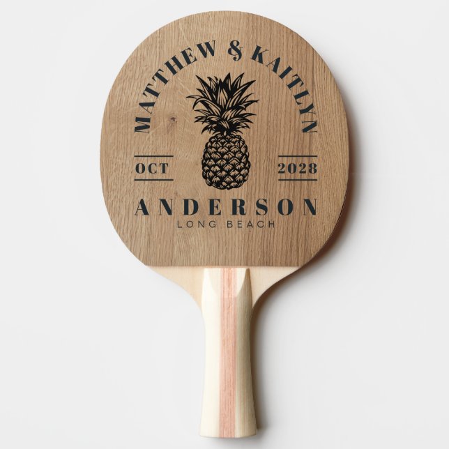 Light Birch Wood Tropical Pineapple Wedding Crest Ping Pong Paddle (Back)