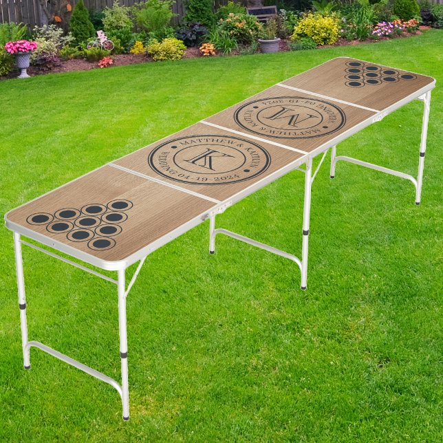 Light Birch Wood Wedding Monogram with Name & Date Beer Pong Table (Creator Uploaded)