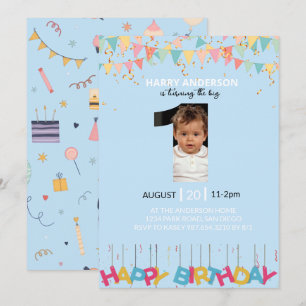 Light Blue 1st Birthday Photo, Big One Boy  Invitation